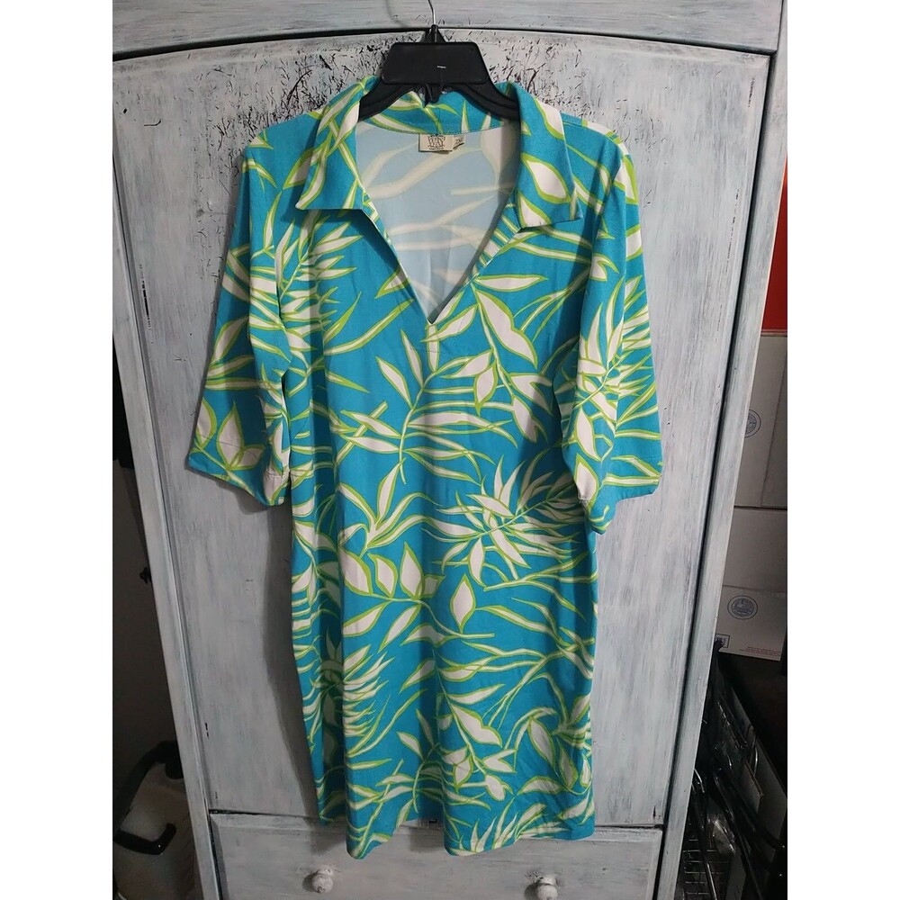 katherine Way Collared V-neck Blue Knee-length Floral Dress Size 2XL Boho Beachy